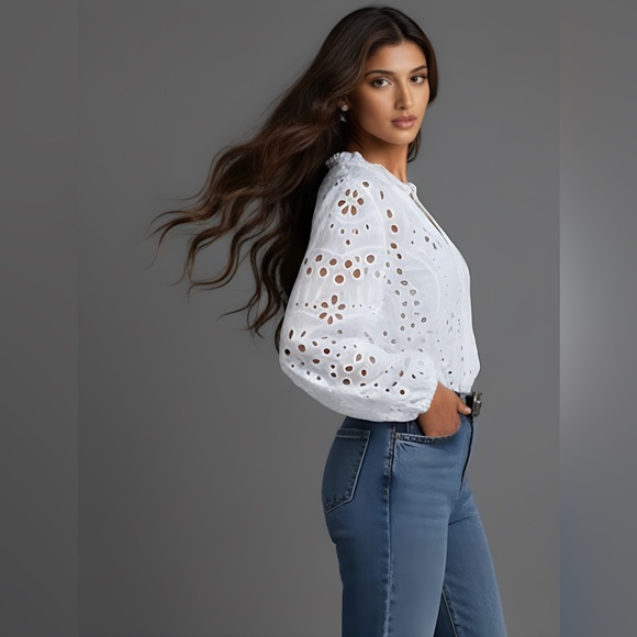 Eyelet Embroidery Notched Blouse White - Picture 4 of 9